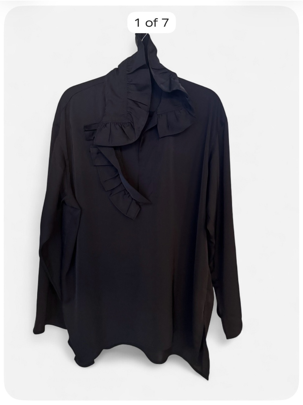 H&M Women’s Medium Black Satin Ruffle Neck Blouse Oversized Boxy Fit